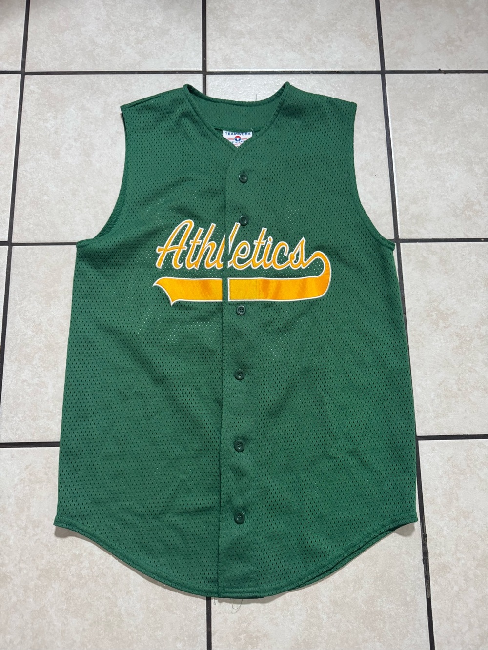 Athletics Green Sleeveless Baseball Jersey with Yellow Script
